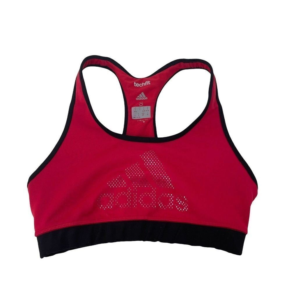 Adidas Sports Bra Racerback Techfit Unpadded Womens Size Small Red Glitter Logo